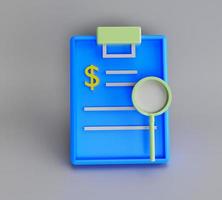 3d illustration rendering minimal clipboard with magnifier and pencil on white background. photo