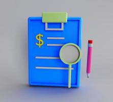 3d illustration rendering minimal clipboard with magnifier and pencil on white background. photo