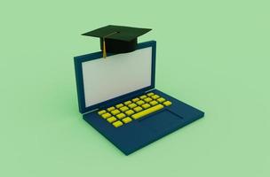 Sombrero de gorra de graduación en línea de ilustración 3d con borla, birrete de icono con computadora portátil foto