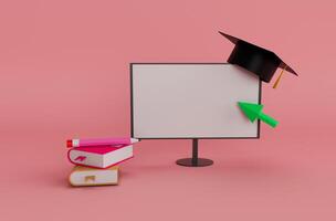 3d illustration rendering minimal computer monitor, online graduation cap with book on Roman background. photo