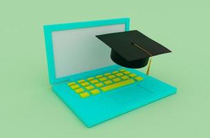Sombrero de gorra de graduación en línea de ilustración 3d con borla, birrete de icono con computadora portátil foto