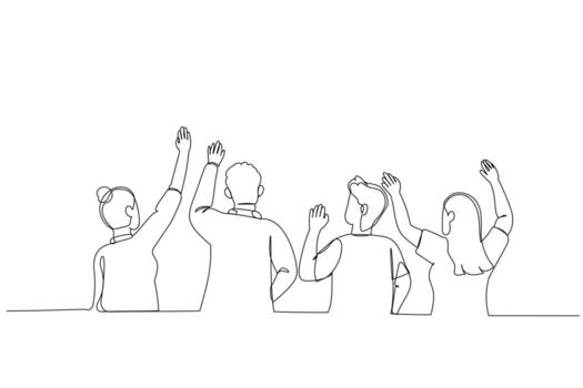 Illustration of group of people looking up and pointing with fingers. Single continuous line art style vector