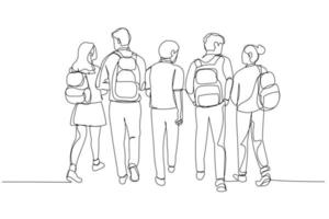 Drawing of group of students walking to school happy. Single continuous line art style vector