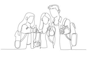 Cartoon of three students looking at you with thumbs up in campus. One line art style vector