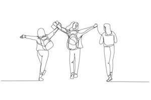 Illustration of group of students with arms raised on air with happy. Single line art style vector