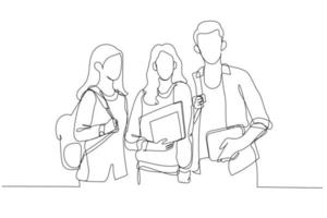 Drawing of group students with books and backpacks looking at camera walking in college campus. Single continuous line art style vector