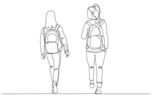 Illustration of rear view of two college classmates leaving the university. Single line art style vector