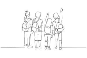 Cartoon of back view of multiethnic children with backpacks pointing at copy space. One line style art vector
