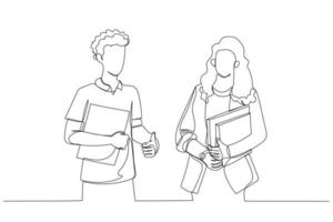 Cartoon of young students discussing something on the way to the class. Single line art style vector