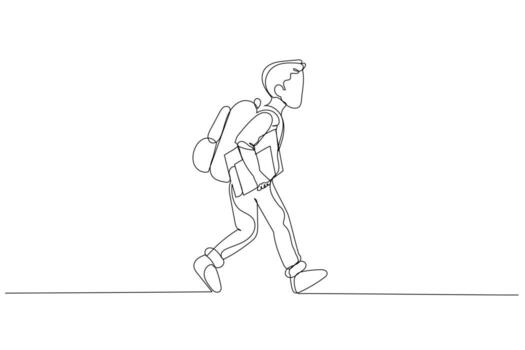 Illustration of schoolboy in a uniform running and holding a book. Single continuous line art style vector