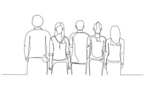 Drawing of group of young people standing look from the back. Continuous line art style vector