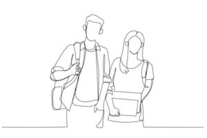 Drawing of two students on campus standing side to side looking straight ahead. Single continuous line art style vector