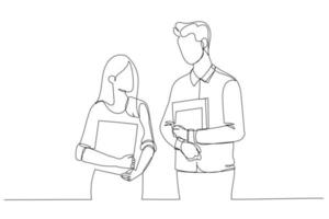 Drawing of two students in love communicate during break holding learning materials. Continuous line art vector