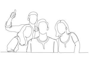 Drawing of Students Posing Together Making Selfie Near University Building Outdoors. Single continuous line art style vector