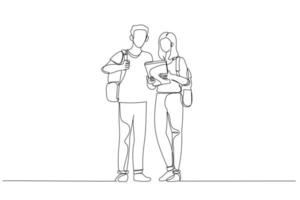 Illustration of two students with tablet and backpack posing together. Single continuous line art style vector