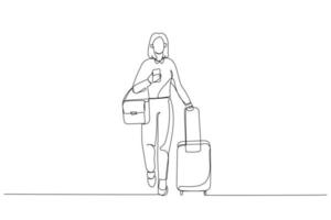 Illustration of business woman with suitcase luggage walking ready for business trip. Single continuous line art vector