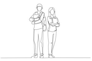 Drawing of young students couple standing and posing in front of campus. Single continuous line art style vector