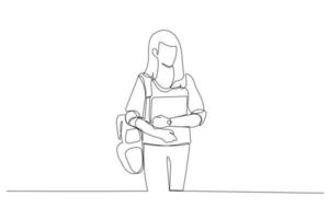 Cartoon of woman student using laptop at university. One continuous line art style vector