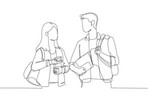 dibujo de amigos estudiantes con ropa informal hablando juntos caminando por la calle. arte de línea continua única vector