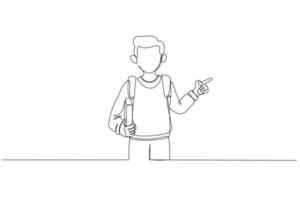 Drawing of Student pointing up on blackboard. Boy from elementary school with book and bag. Continuous line art style vector