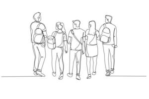 Drawing of rear view bachelor campus walking after to college building. Continuous line art vector