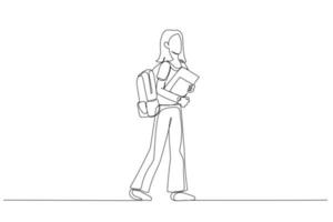 Drawing of full body side view student girl hold backpack books walk. Single continuous line art style vector