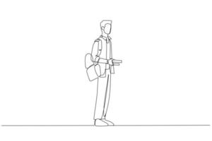 Cartoon of happy male student standing and posing. One line art style vector