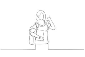 Cartoon of female student showing thumbs up sign gesture, wearing backpack and holding books. Single line art style vector