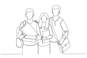 Cartoon of happy students standing together with books. One line art style vector