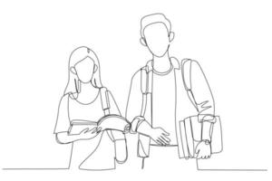 el dibujo de una pareja de estudiantes en la biblioteca escolar tiene una discusión sobre el tema. estilo de arte de línea continua única vector