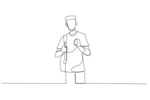 Drawing of successful young student of carrying bag in his shoulder. Continuous line art style vector