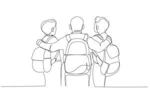 Illustration of three schoolboys rear view with backpacks standing and hugs. Single line art style vector