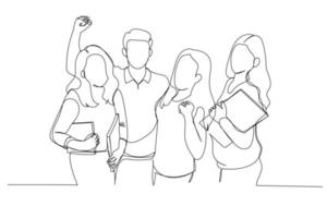 Illustration of group of people looking at camera, smiling and celebrating. Single line art style vector