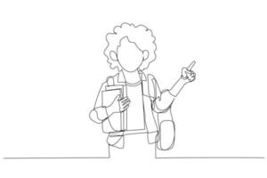 Drawing of school girl in casual clothes backpack hold books point index finger aside on copy space. Single continuous line art style vector