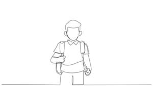 Illustration of boy going to school for the first time. Child with school bag and book. Single line art style vector