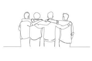 Cartoon of group of friends putting arms on shoulders embrace one another. One line art style vector