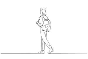 Illustration of back view of walking college student with bag on his shoulder.. Single line art style vector