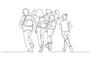 Cartoon of rear view of school people running outside. One line art style vector