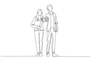 Cartoon of students couple standing together and showing thumbs up. One line art style vector