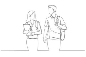 Cartoon of students couple spending time together in the campus park. One line art style vector