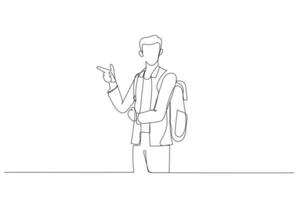 Cartoon of young man pointing, surprised by something or someone. One continuous line art style vector