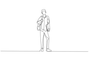 Illustration of happy student standing after class. Single line art style vector