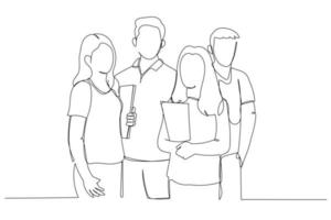 Cartoon of group of asian friends standing and posing in front of campus. One continuous line art style vector