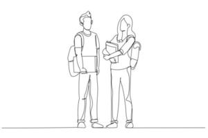 Drawing of two college students standing and posing in front of class. Continuous line art style vector