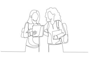 Drawing of interracial college students as friends looking at tablet computer. Continuous line art style vector