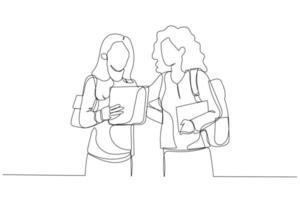 Drawing of interracial college students as friends looking at tablet computer. Continuous line art style vector