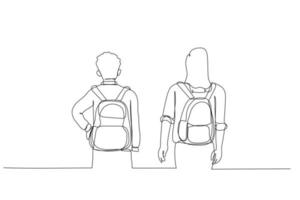 Illustration of boy and girl with backpacks looking rear view. Single line art style vector