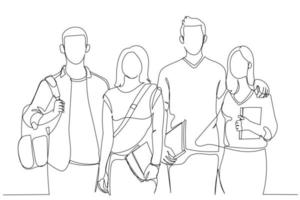 Illustration of cheerful college students walking out of campus together, and posing at camera. Single continuous line art style vector