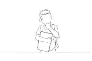 Drawing of student kid wearing backpack holding book. Single continuous line art style vector