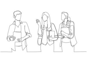 Drawing of group of friends standing and posing outdoor at university. Continuous line art vector